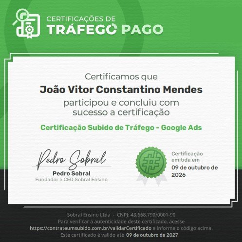 Certificado Subido de Tráfego de Google Ads de João Vitor Constantino Mendes