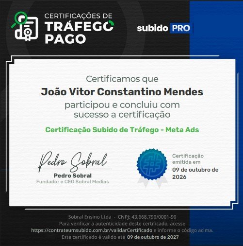Certificado SubidoPRO de Meta Ads de João Vitor Constantino Mendes
